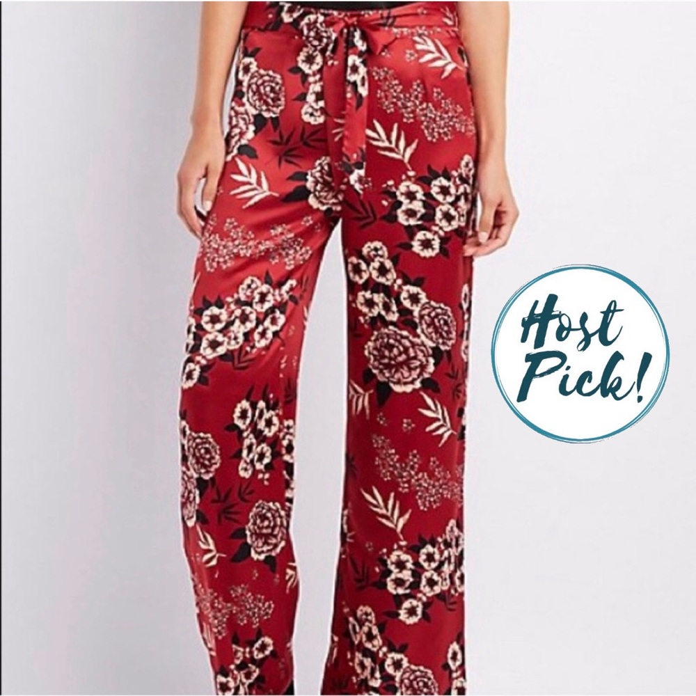 Charlotte Russe Floral Red Satin-Like Pants